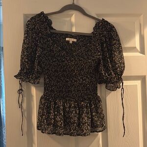 Black Floral Smocked Peplum Top - Women